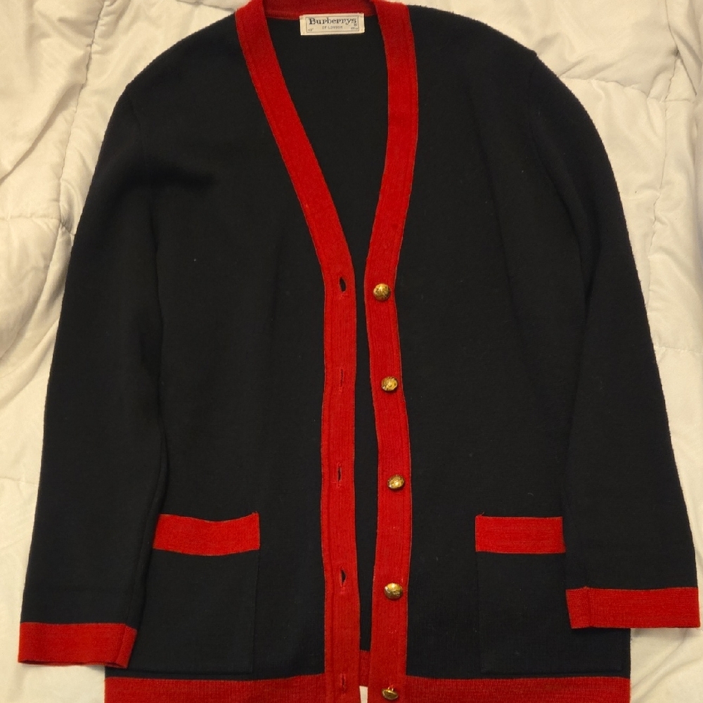 Burberry Black Cardigan with Red Trim and Gold Buttons